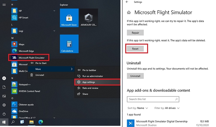 Application settings reset