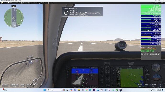 MSFS 2024 Ultra TAA 1080p monitor view Varjo Base 4.5 activated but not in VR yet at KTPL inside cockpit when first turn on computer and start sim