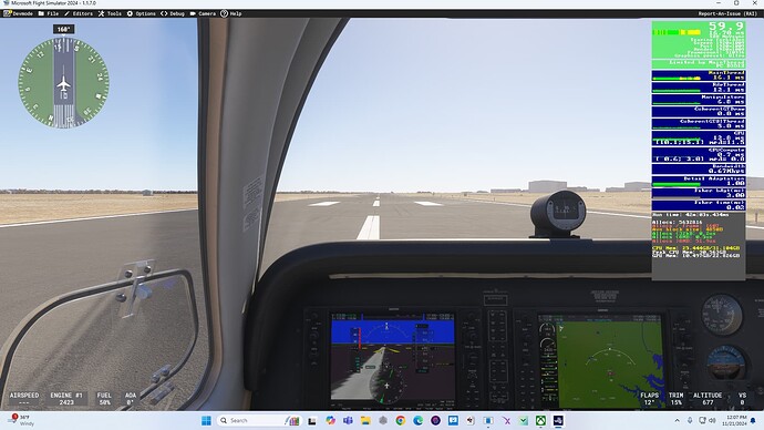 MSFS 2024 Ultra TAA 1080p monitor view Varjo Base 4.5 activated but not in VR yet at KTPL inside cockpit view