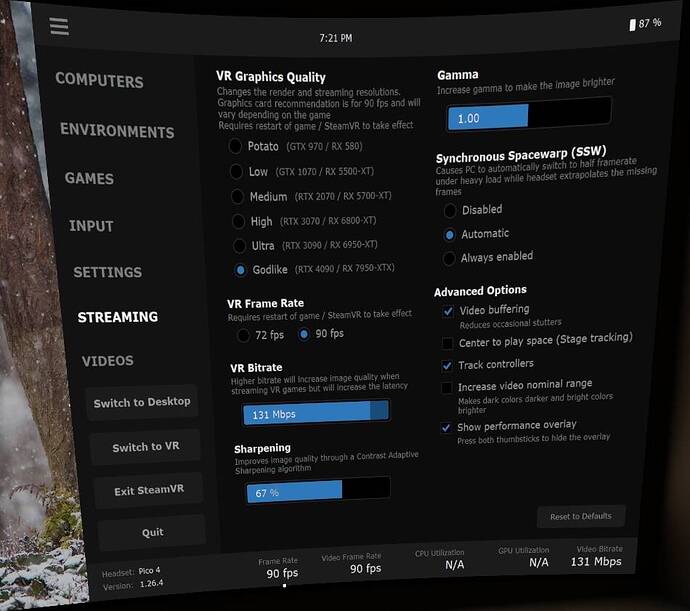 VD Streaming settings