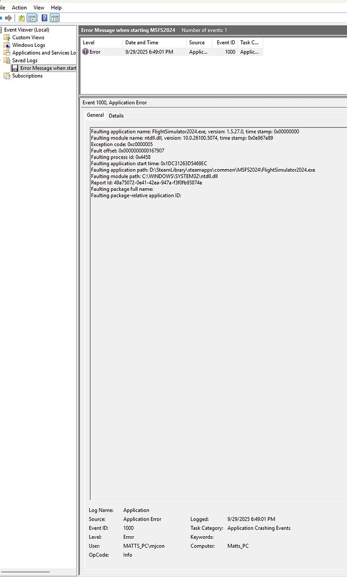 MSFS2024 Event Viewer Error Message