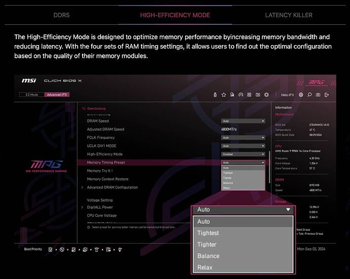 MSI X870E Carbon BIOS High Efficiency Mode Presets