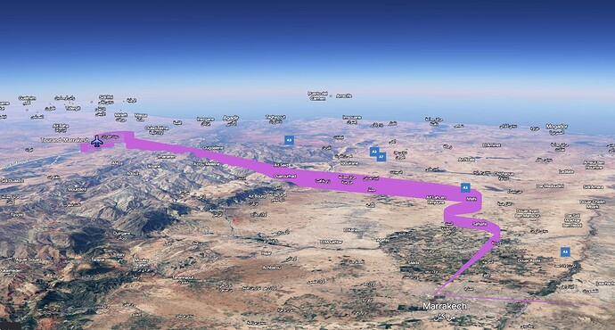 Flight path. The Atlas Mountains and the Atlantic Ocean behind at distance.