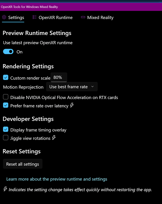 open xr settings